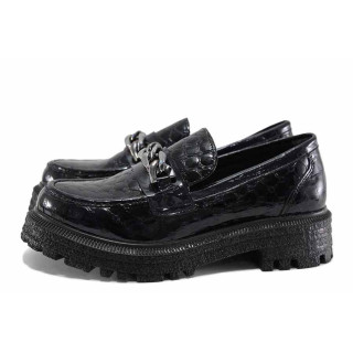 Черно-сини анатомични дамски мокасини, лачена естествена кожа - ежедневни обувки за есента и зимата N 100022256