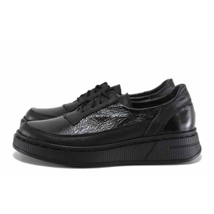 Черни анатомични дамски обувки с равна подметка, естествена кожа - всекидневни обувки за есента и зимата N 100022288