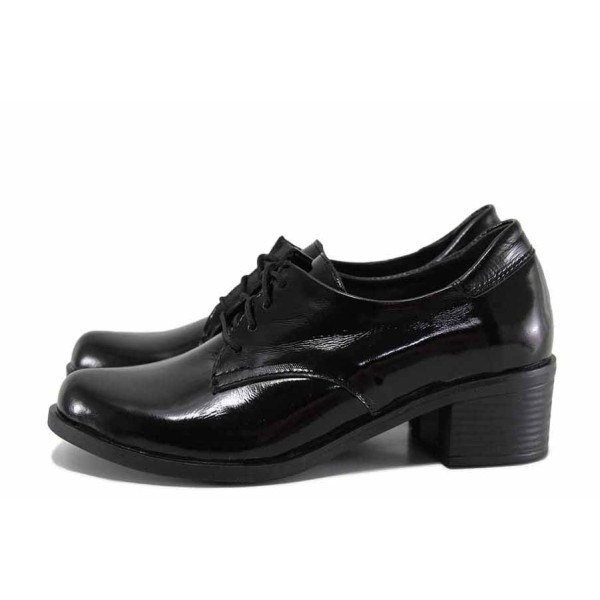 Черни дамски обувки със среден ток, лачена естествена кожа - ежедневни обувки за есента и зимата N 100022346