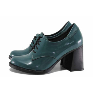 Зелени анатомични дамски обувки с висок ток, лачена естествена кожа - всекидневни обувки за есента и зимата N 100022347