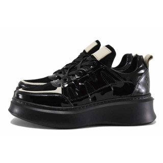 Черни дамски обувки с равна подметка, лачена естествена кожа - всекидневни обувки за есента и зимата N 100022580