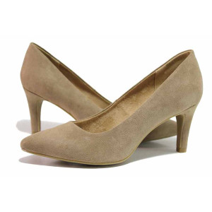 Бежови дамски обувки със среден ток, анатомични, качествен еко-велур - всекидневни обувки за целогодишно ползване N 100021303