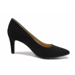 Черни дамски обувки с висок ток, анатомични, качествен еко-велур - официални обувки за целогодишно ползване N 100021308