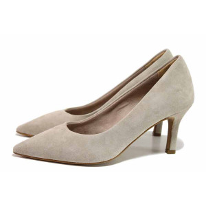 Бежови анатомични дамски обувки с висок ток, естествен велур - елегантни обувки за пролетта и лятото N 100021393