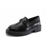 Черни дамски обувки с равна подметка, лачена естествена кожа - ежедневни обувки за есента и зимата N 100022219