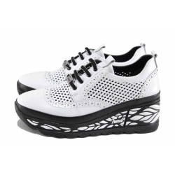 Бели дамски обувки с платформа, естествена кожа перфорирана - всекидневни обувки за пролетта и лятото N 100022661