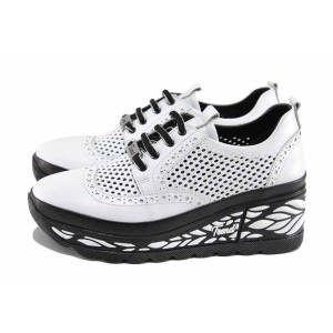 Бели дамски обувки с платформа, естествена кожа перфорирана - всекидневни обувки за пролетта и лятото N 100022661