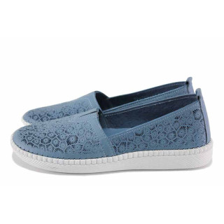 Сини дамски обувки с равна подметка, естествена кожа перфорирана - ежедневни обувки за пролетта и лятото N 100022680