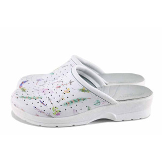 Бели дамски чехли, естествена кожа перфорирана - ежедневни обувки за пролетта и лятото N 100022698