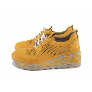 Жълти дамски обувки с платформа, естествена кожа перфорирана - всекидневни обувки за пролетта и лятото N 100022804