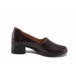 Винени дамски обувки със среден ток, лачена естествена кожа - ежедневни обувки за пролетта и есента N 100022824