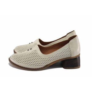 Бежови анатомични дамски обувки със среден ток, естествена кожа - всекидневни обувки за пролетта и лятото N 100022825