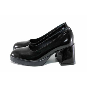 Черни анатомични дамски обувки с висок ток, лачена естествена кожа - всекидневни обувки за целогодишно ползване N 100022889