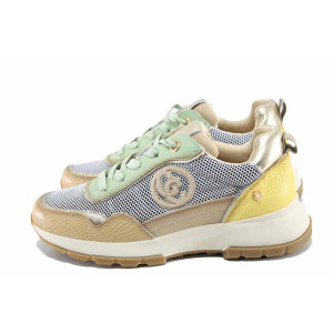 Бежови анатомични дамски маратонки, естествена кожа и текстилна материя - всекидневни обувки за пролетта и лятото N 100022896