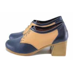 Сини анатомични дамски обувки със среден ток, естествена кожа - ежедневни обувки за пролетта и лятото N 100023299