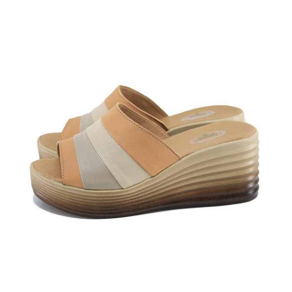 Бежови дамски чехли, естествена кожа - всекидневни обувки за лятото N 100023404