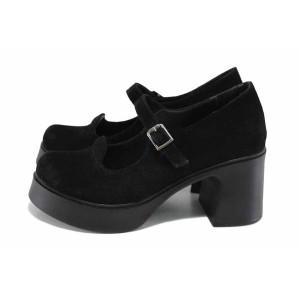 Черни анатомични дамски обувки с висок ток, естествен велур - всекидневни обувки за есента и зимата N 100023524