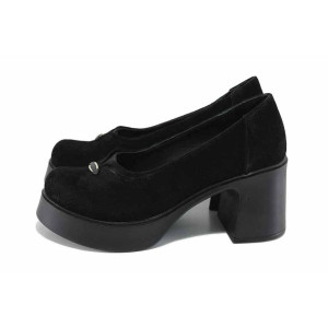 Черни анатомични дамски обувки с висок ток, естествен велур - всекидневни обувки за есента и зимата N 100023522