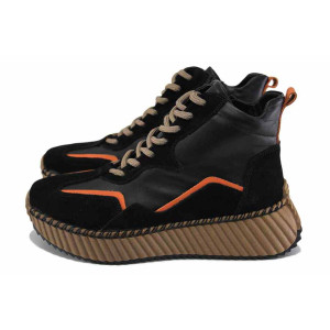 Черни анатомични дамски боти, естествена кожа и естествена велурена кожа - спортни обувки за есента и зимата N 100023576