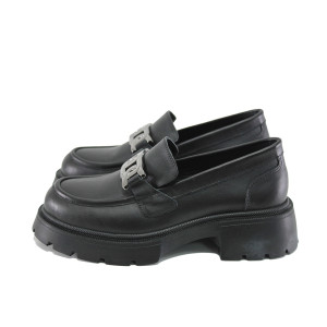 Черни анатомични дамски обувки с равна подметка, естествена кожа - всекидневни обувки за есента и зимата N 100023682