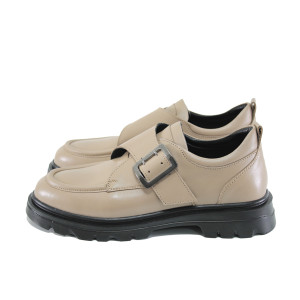 Бежови анатомични дамски обувки с равна подметка, естествена кожа - всекидневни обувки за целогодишно ползване N 100023687