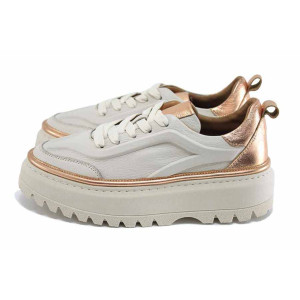 Светлобежови анатомични дамски обувки с равна подметка, естествена кожа - всекидневни обувки за есента и зимата N 100023757