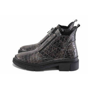 Сиви анатомични дамски боти, лачена естествена кожа - ежедневни обувки за есента и зимата N 100023955