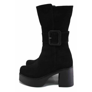 Черни анатомични дамски ботуши, естествен велур - всекидневни обувки за есента и зимата N 100024043