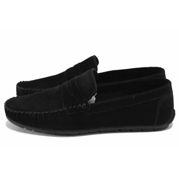 Черни дамски мокасини, естествен велур - всекидневни обувки за пролетта и лятото N 100023408