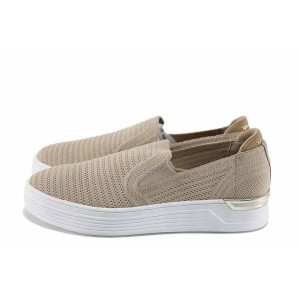 Бежови дамски обувки с равна подметка, текстилна материя - спортни обувки за пролетта и лятото N 100022718