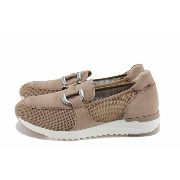 Кафяви дамски обувки с равна подметка, естествена кожа и текстилна материя - ежедневни обувки за пролетта и лятото N 100022720