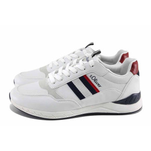 Бели анатомични мъжки маратонки, здрава еко-кожа - спортни обувки за пролетта и лятото N 100022731