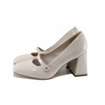 Бежови дамски обувки с висок ток, лачена еко кожа - елегантни обувки за пролетта и лятото N 100022733