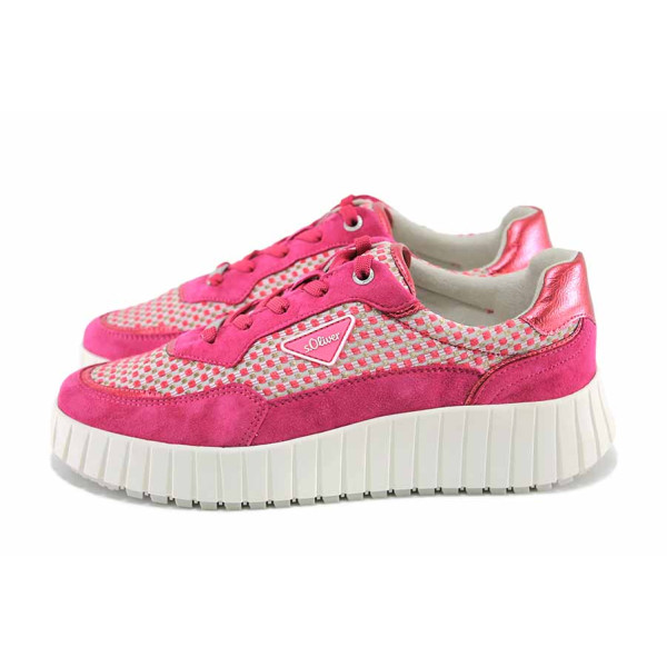 Розови спортни дамски обувки, естествена кожа и текстилна материя - спортни кецове за пролетта и лятото N 100022809