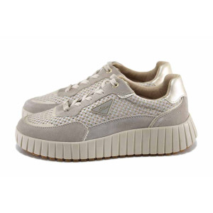 Бежови спортни дамски обувки, естествена кожа и текстилна материя - спортни обувки за пролетта и лятото N 100022810