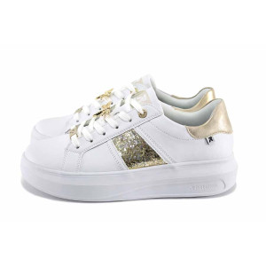 Бели дамски маратонки, естествена кожа - спортни обувки за пролетта и лятото N 100022902