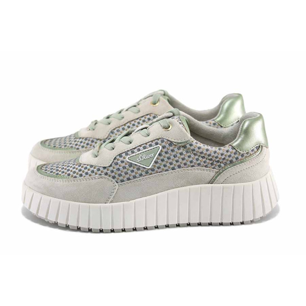 Зелени дамски маратонки, естествена кожа и текстилна материя - спортни обувки за пролетта и лятото N 100022907