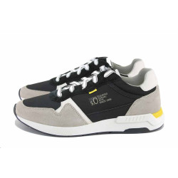 Черни мъжки маратонки, естествена кожа и текстилна материя - спортни обувки за пролетта и лятото N 100022957