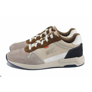 Бежови мъжки маратонки, естествена кожа и текстилна материя - спортни обувки за пролетта и лятото N 100022956