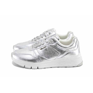 Сребристи спортни дамски обувки, естествена кожа - спортни обувки за пролетта и лятото N 100022958