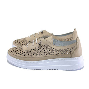 Бежови дамски обувки с равна подметка, естествена кожа - ежедневни обувки за пролетта и лятото N 100024135