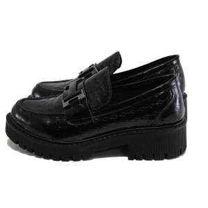 Черни дамски обувки със среден ток, лачена естествена кожа - ежедневни обувки за пролетта и лятото N 100024136