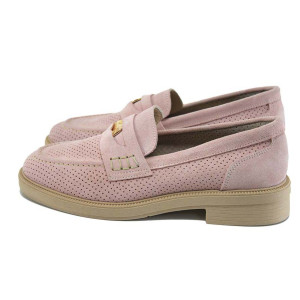 Розови дамски обувки с равна подметка, естествен велур - всекидневни обувки за пролетта и лятото N 100024140