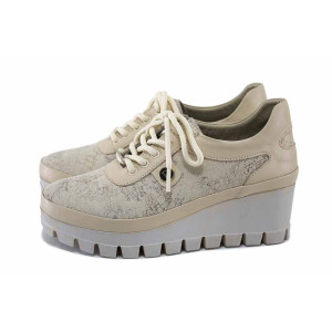 Бежови дамски обувки с платформа, естествена кожа - ежедневни обувки за пролетта и лятото N 100024144