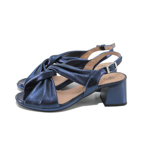 Сини дамски сандали, лачена естествена кожа - официални обувки за пролетта и лятото N 100024329