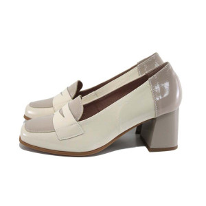 Бежови анатомични дамски обувки с висок ток, лачена естествена кожа - всекидневни обувки за пролетта и лятото N 100024343