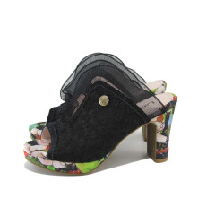 Черни анатомични дамски чехли, естествена кожа и текстилна материя - ежедневни обувки за лятото N 100024345