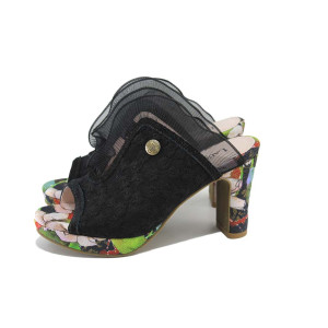 Черни анатомични дамски чехли, естествена кожа и текстилна материя - ежедневни обувки за лятото N 100024345