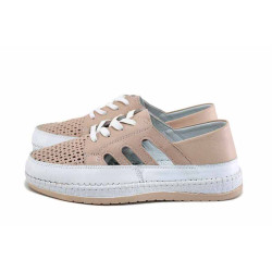 Розови дамски обувки с равна подметка, естествена кожа перфорирана - ежедневни обувки за пролетта и лятото N 100024428