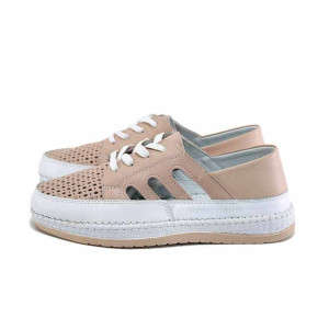 Розови дамски обувки с равна подметка, естествена кожа перфорирана - ежедневни обувки за пролетта и лятото N 100024428